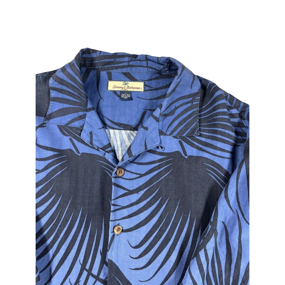 Tommy Bahama Mens Large 100% Silk Camp Shirt Blue Black Tropical Palm Leaf Print